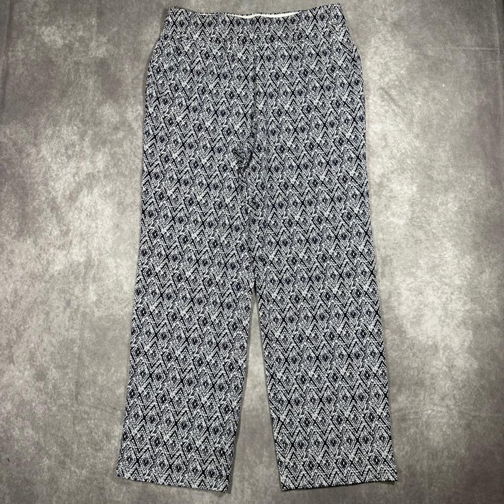 Belle by Kim Gravel Womens M Navy White Diamond Print Wide Leg Flowy Chic Pants
